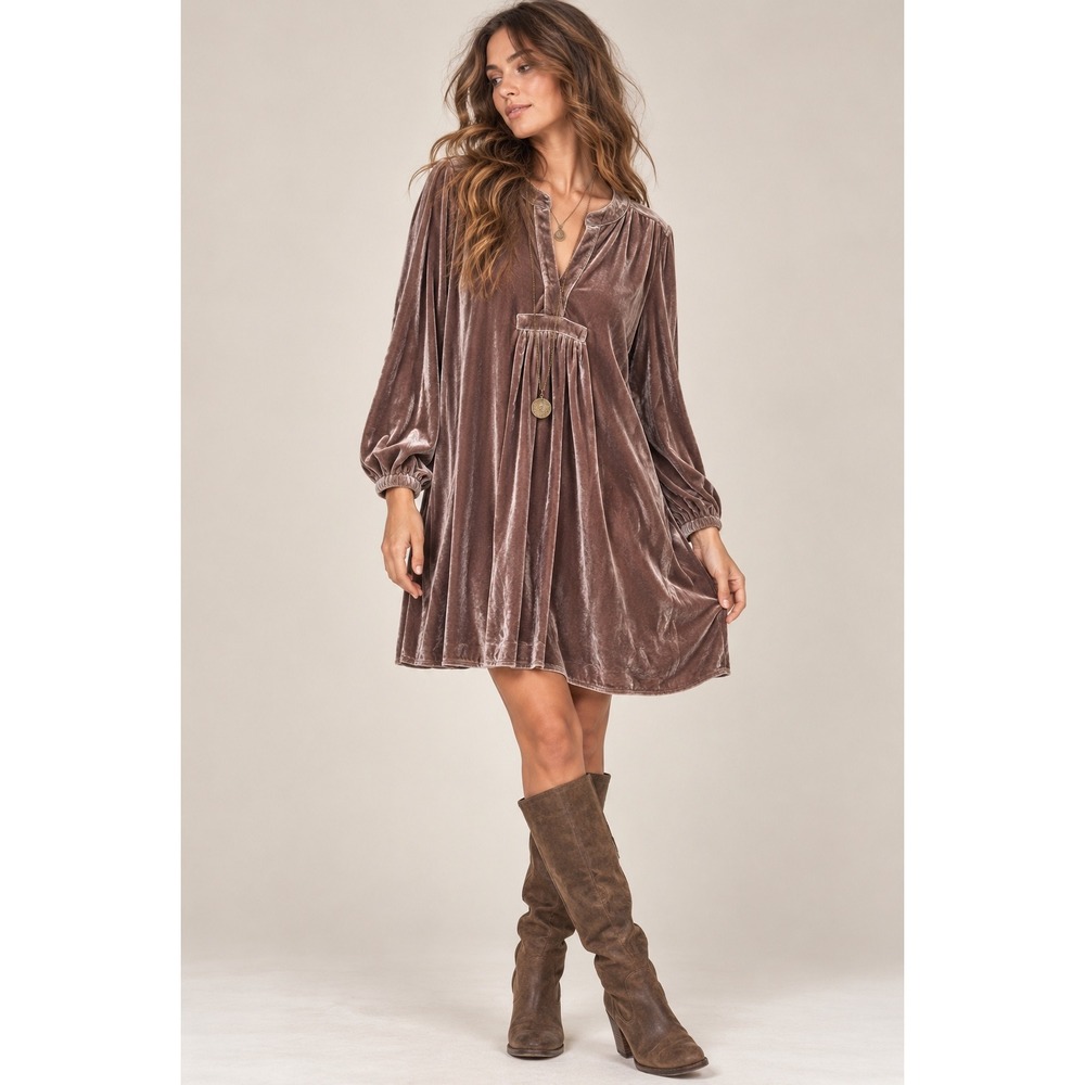Easel Mauve Brown Velvet Babydoll Dress Long Sleeve Boho Mini Womens M